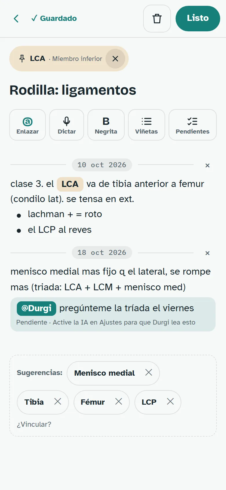 La app en un teléfono: una nota con sus fechas, enlaces a estructuras y una línea @Durgi.
